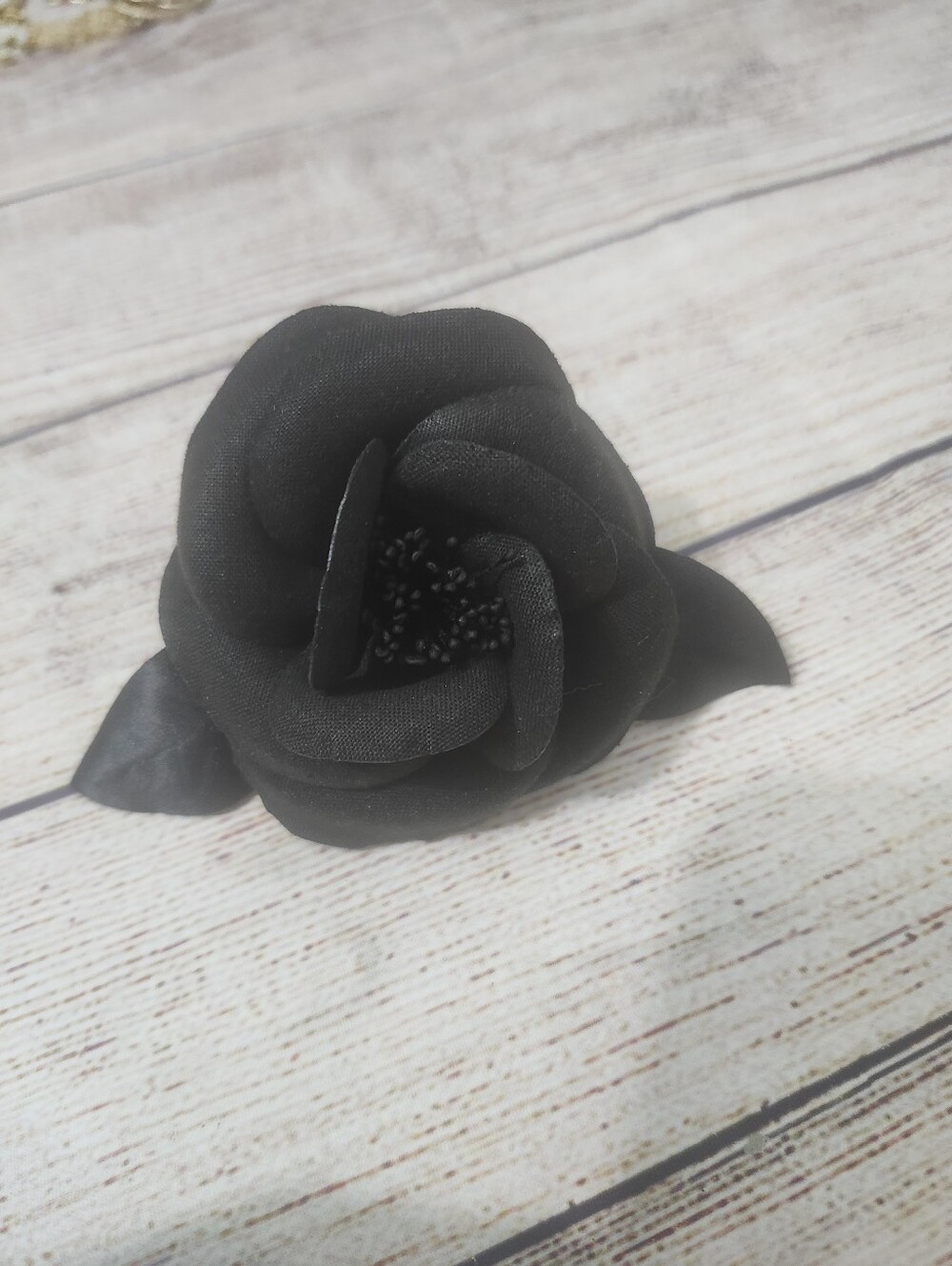 Vintage Chanel Black Fabric Camellia Brooch